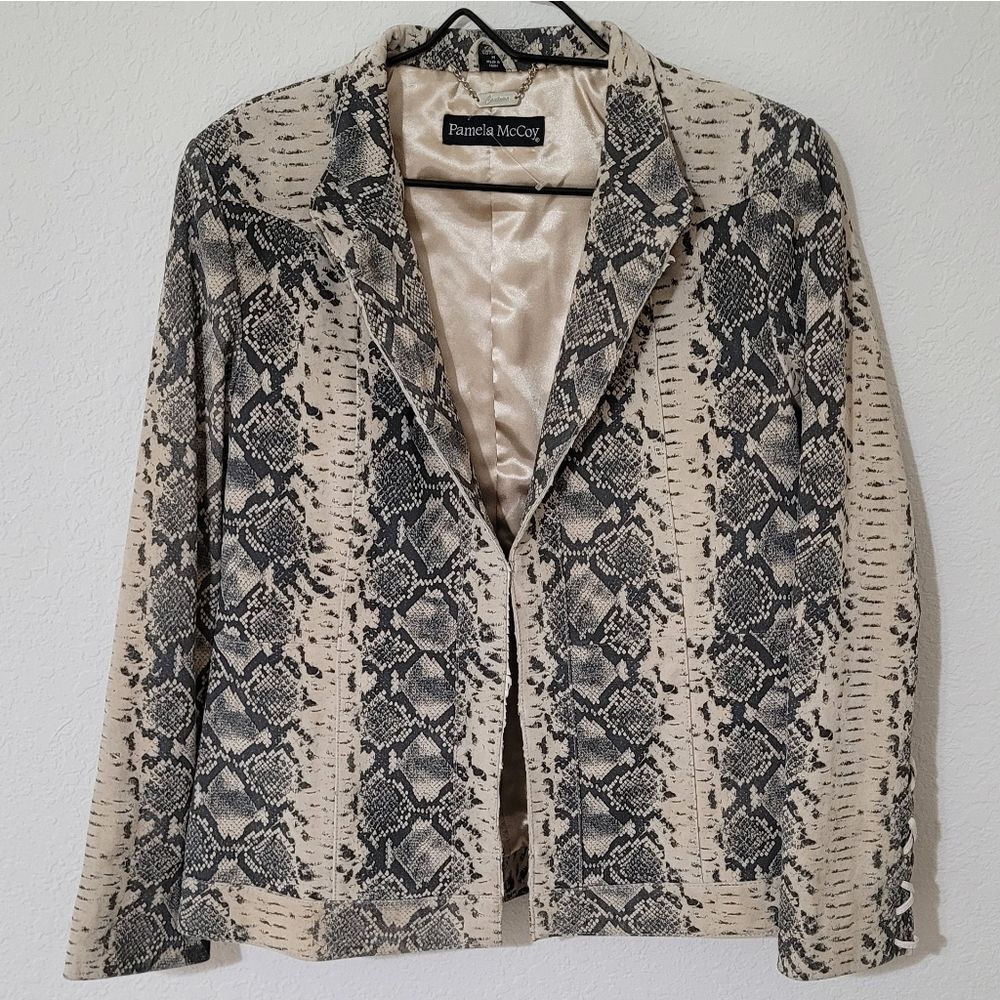 Pamela Mccoy Couture Snake Print Leather Jacket - Black and Cream Medium